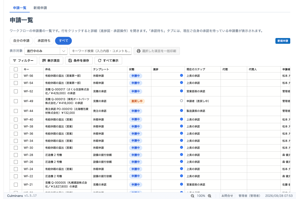 申請一覧。状態・現在のステップ・代理の有無が並び、承認待ちの件数はタブのバッジで表示されます